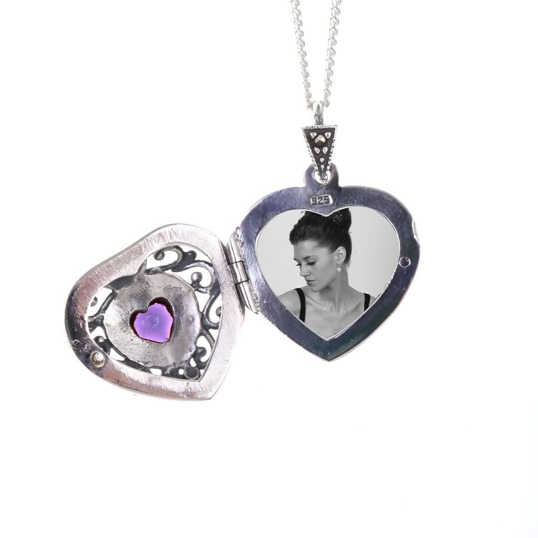 Amethyst Vintage Heart Locket Silver + Photos - Image 5