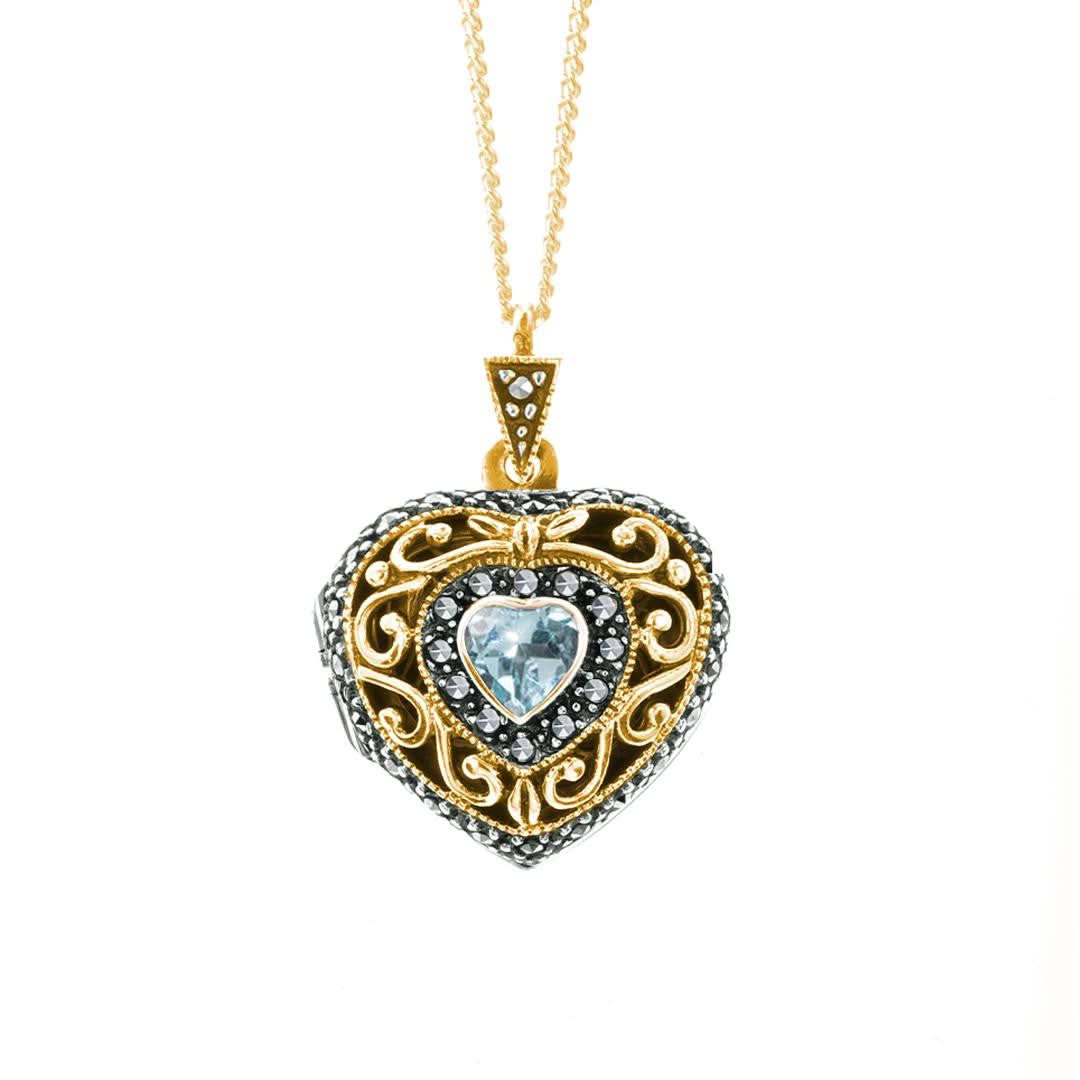 Blue Topaz Vintage Heart Locket | Gold - Image 3
