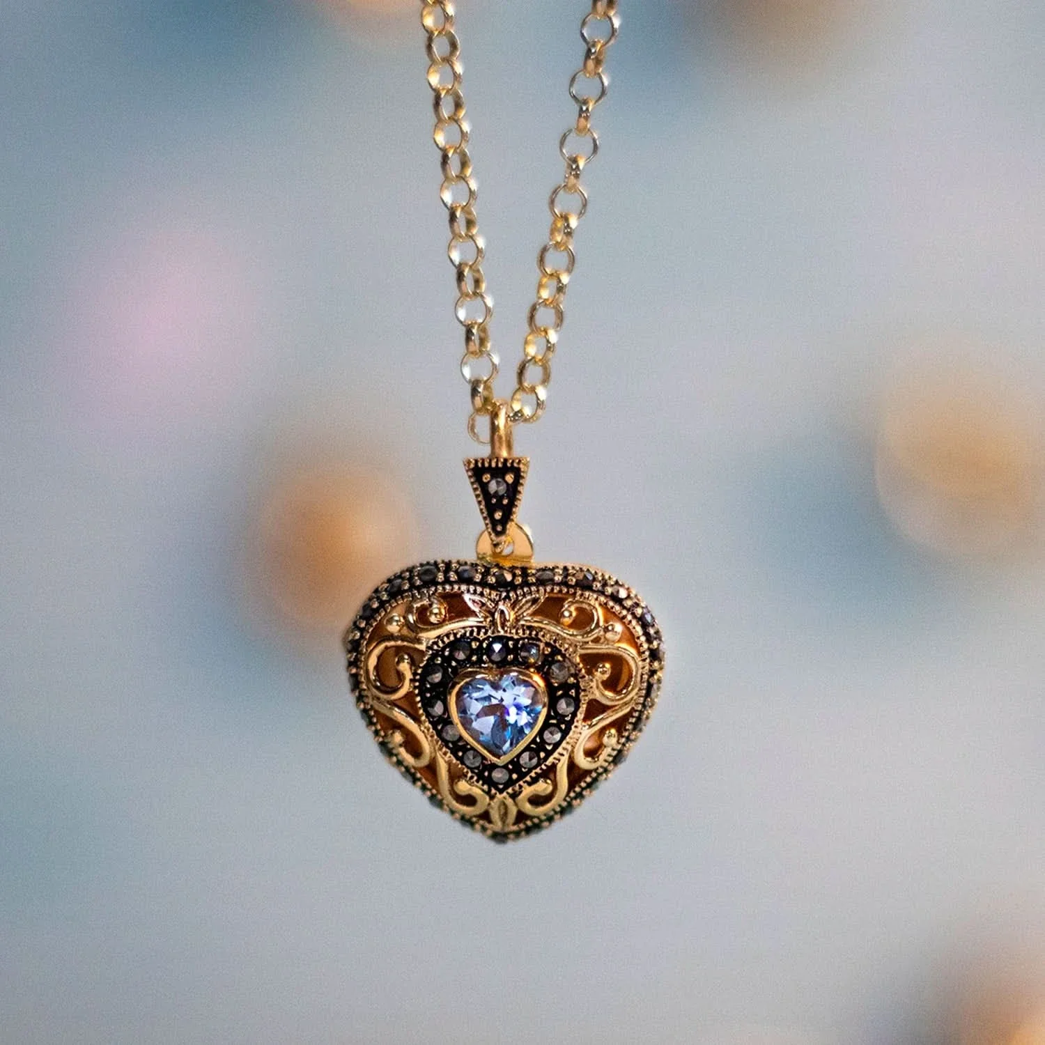 Blue Topaz Vintage Heart Locket | Gold - Image 6