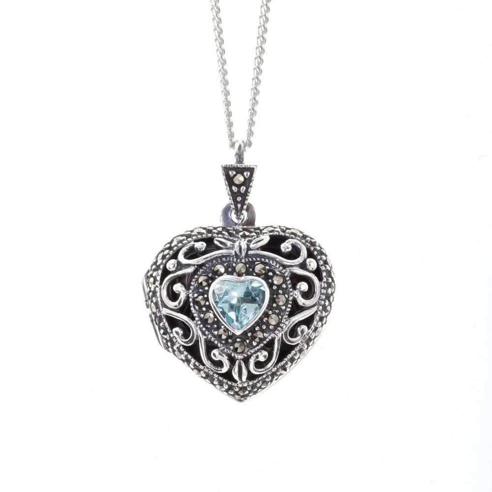 Blue Topaz Vintage Heart Locket | Silver - Image 3