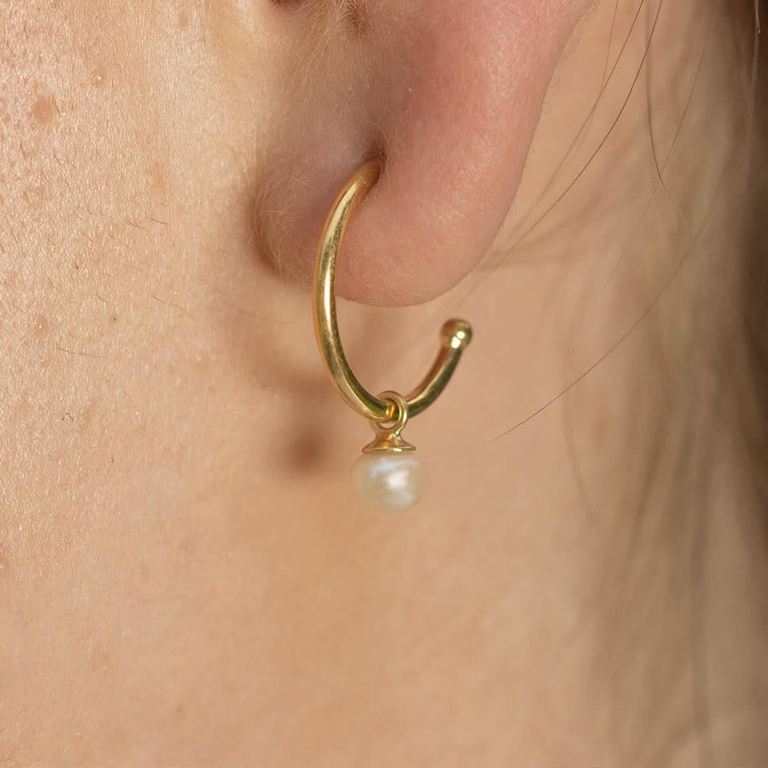 Dainty Pearl Drop Hoop Earrings | Ivory - Gold - Image 3