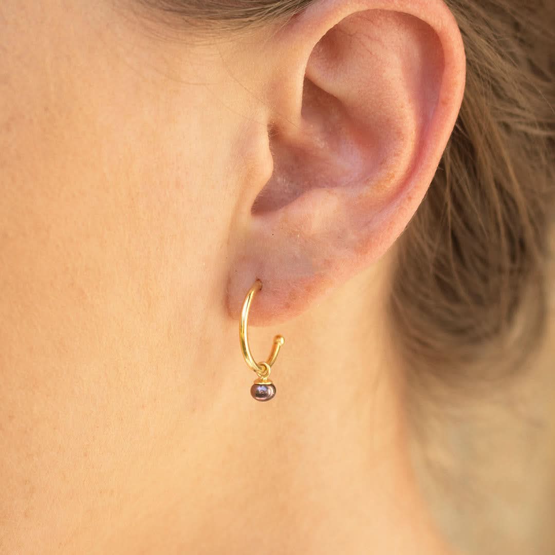 Dainty Pearl Drop Hoop Earrings | Midnight - Gold - Image 3