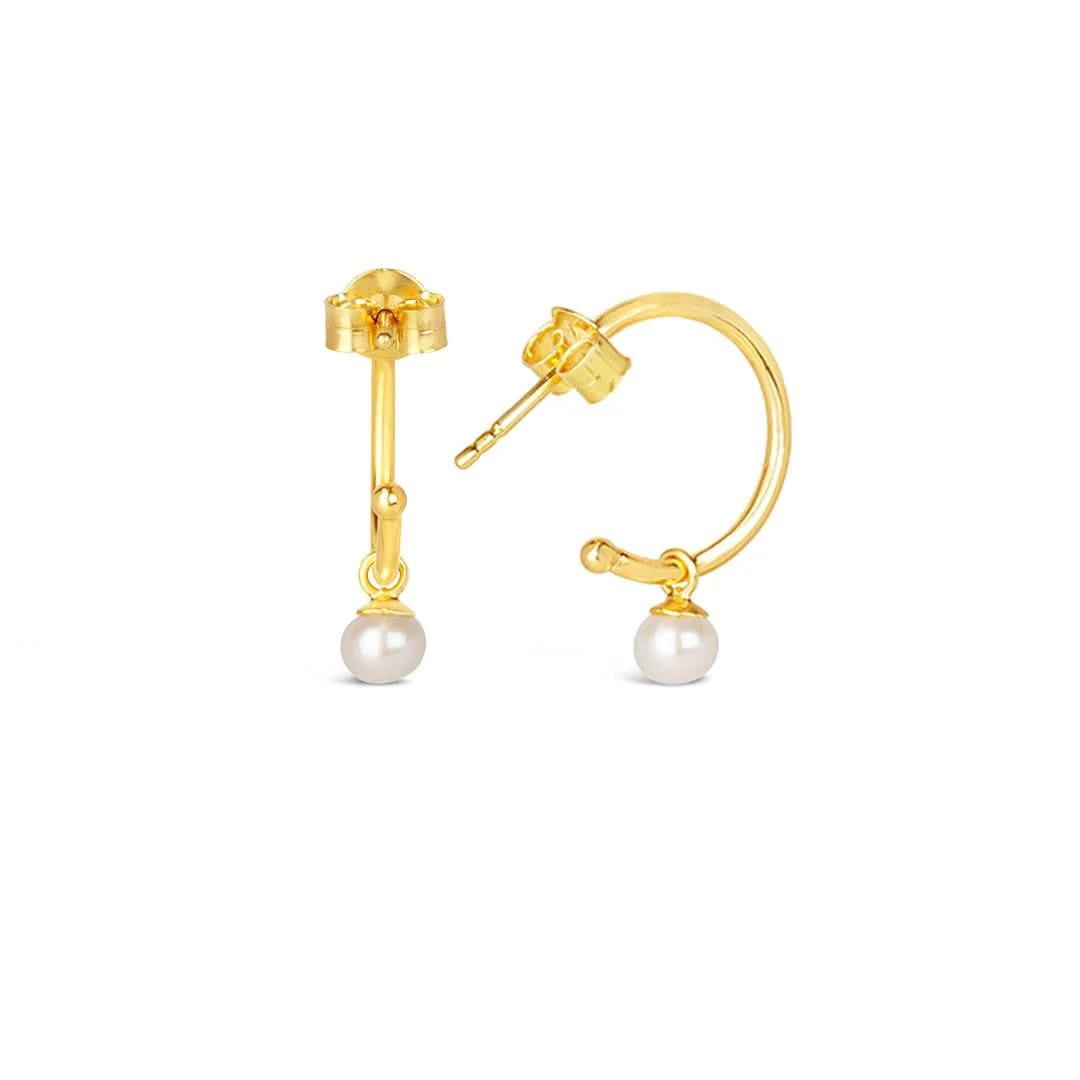 Dainty Pearl Drop Hoop Earrings | Midnight - Gold - Image 4