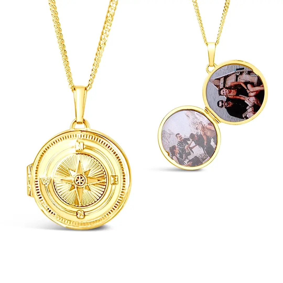 Men's Engravable Compass Locket Gold + Photos - Image 8