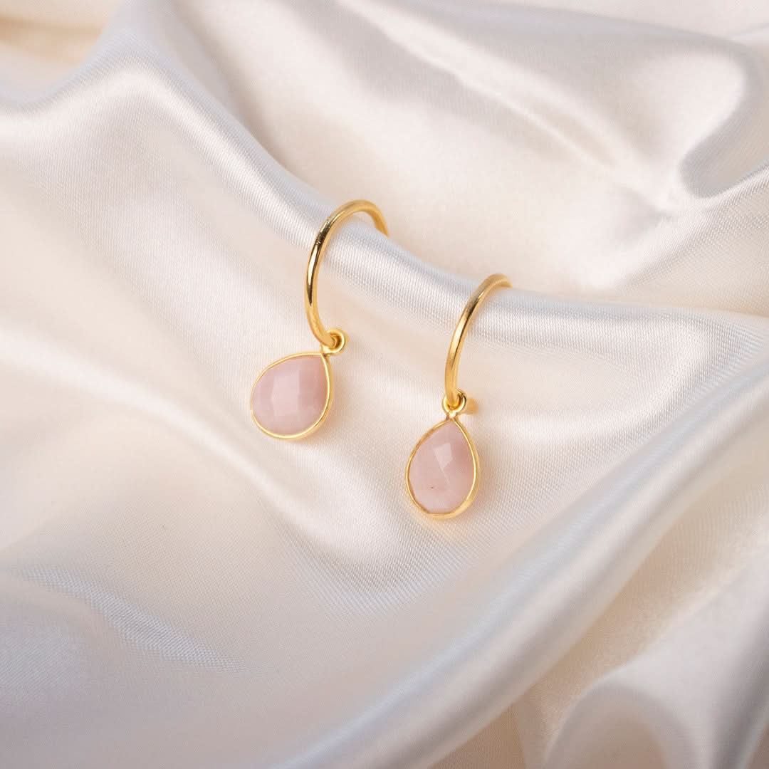 Pink Opal Drop Hoop Earrings | Gold - October - Image 3