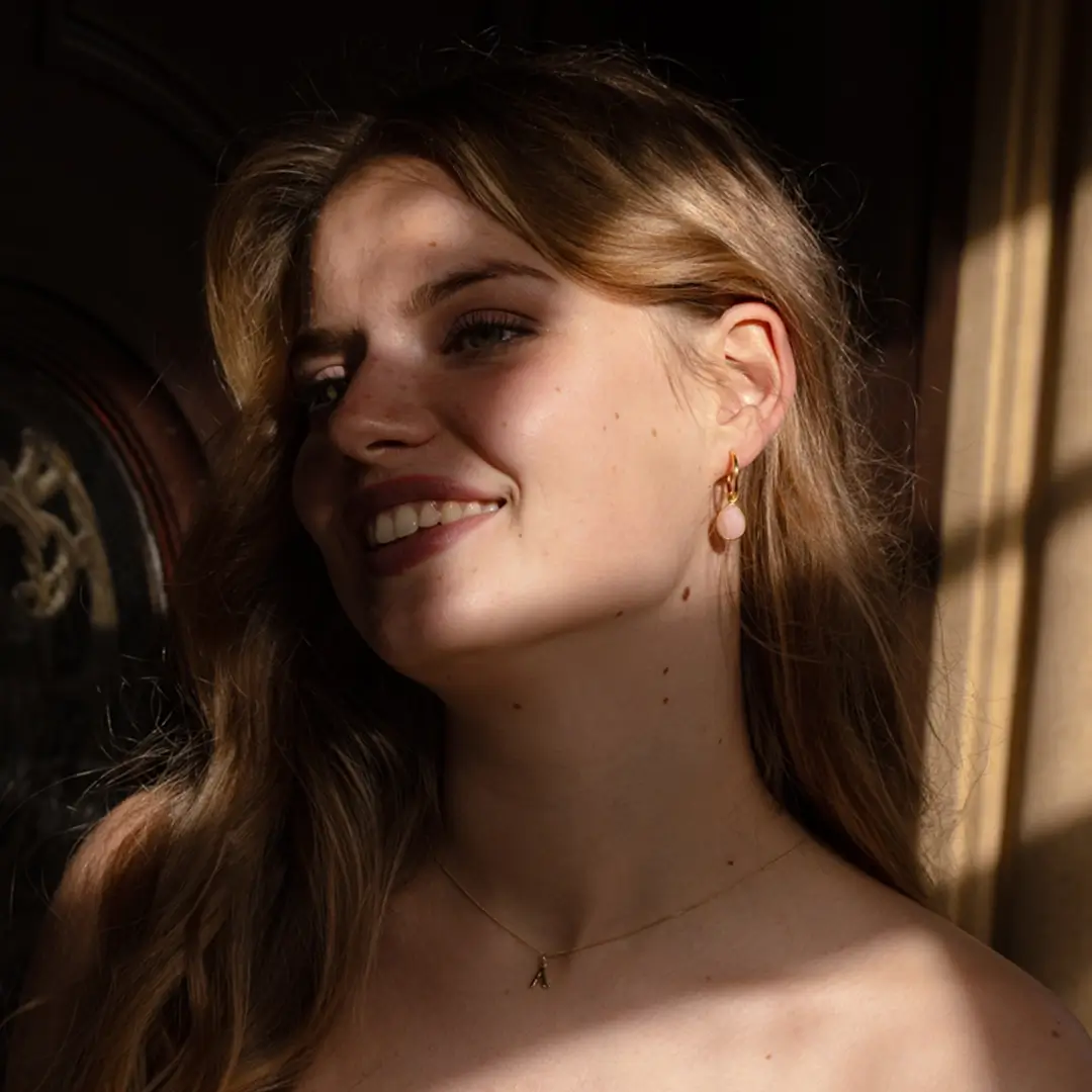 Pink Opal Drop Hoop Earrings | Gold - October - Image 4