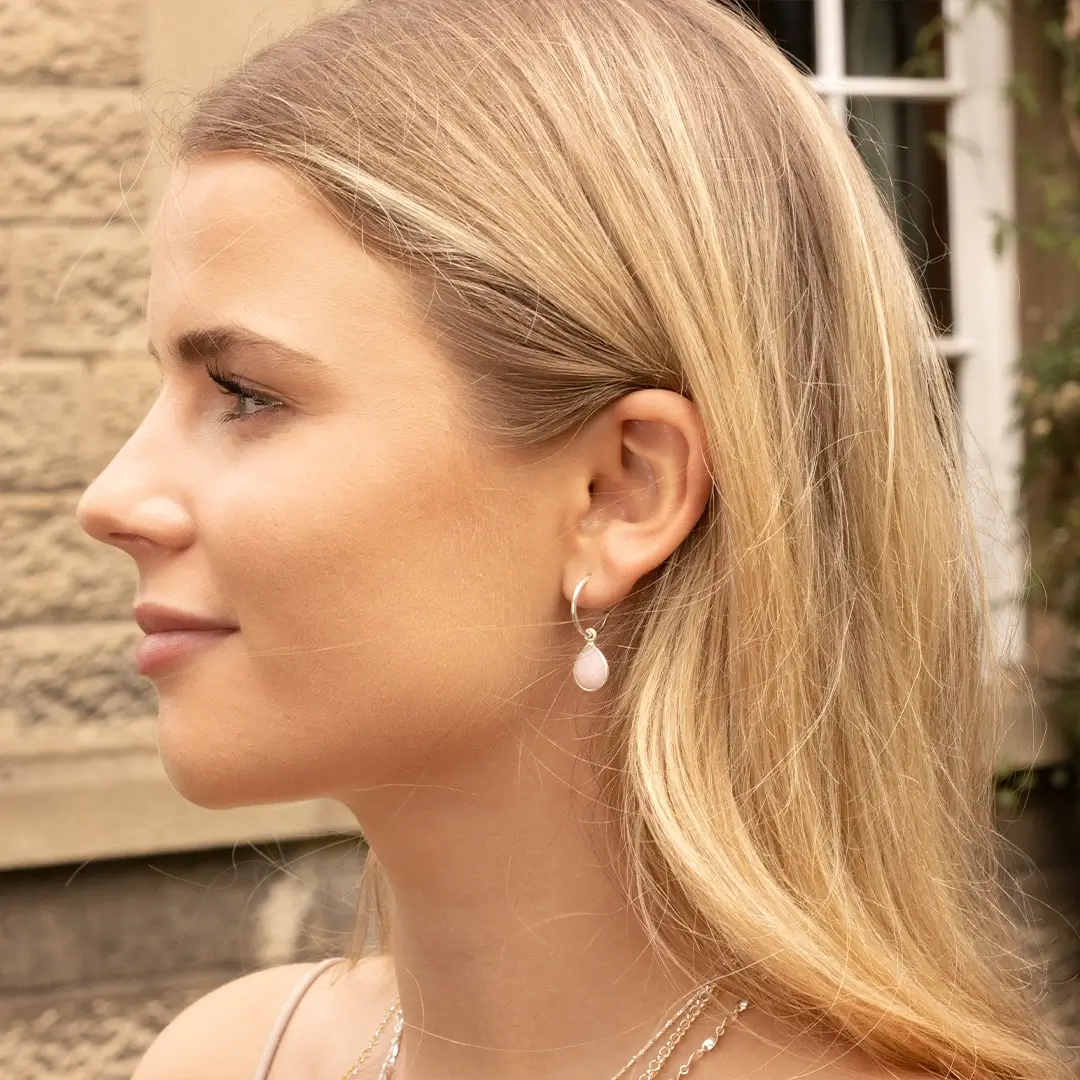 Pink Opal Drop Hoop Earrings | Silver - October - Image 4